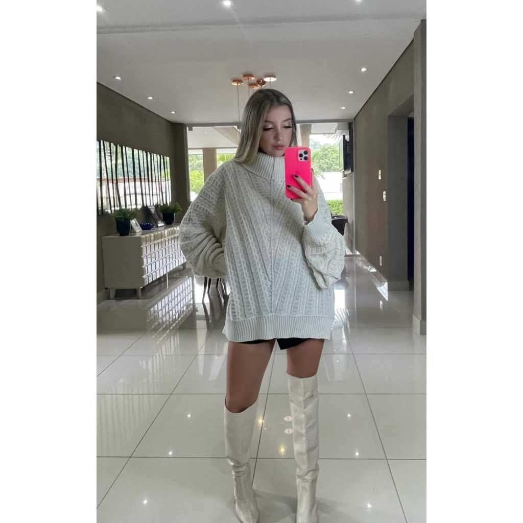 Blusa Feminina Estilo Poncho Tricô Outono Inverno -Pala Gaucho Tendência Gola Alta Kimono