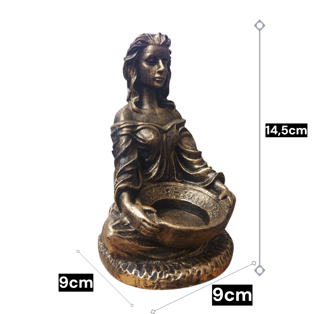 ESTATUETA PORTA VELA SACERDOTISA DEUSA DA LUA MORGANA CASTIÇAL DOURADO RESINA WICCA DECORAÇÃO