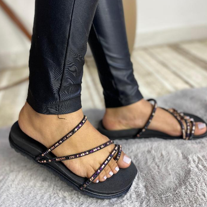 Sandália Feminina Papete Strass Birken Brilhante Confortavel