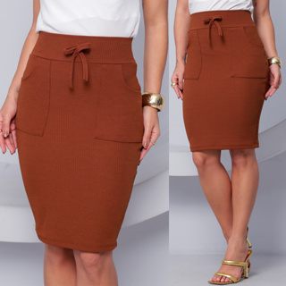 Saia Midi Lapis Feminina Com Bolsos Social Secretaria Casual em Oferta na Shopee