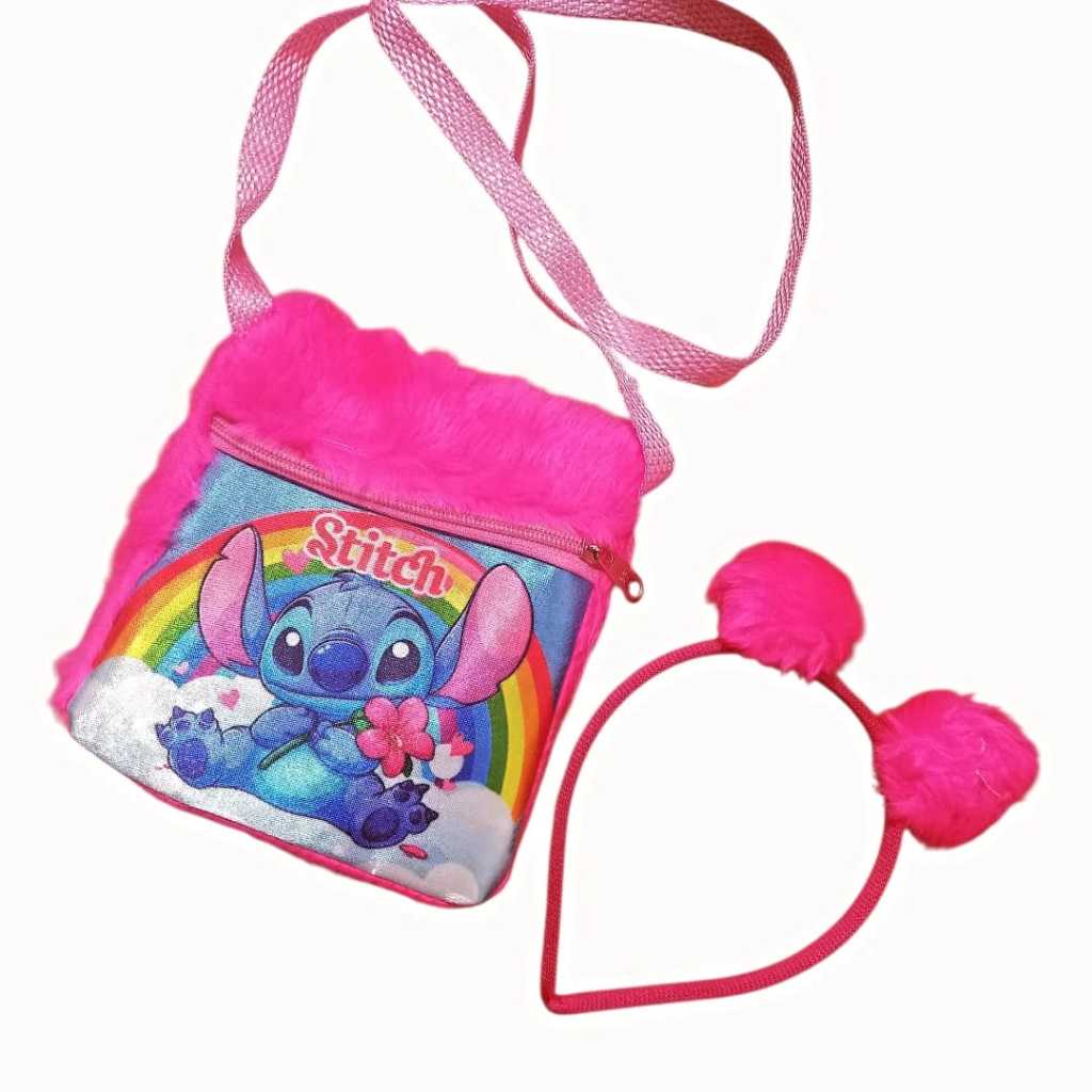 Super Kit Bolsa + Tiara de Menina Infantil Princesas Minnie Stitch Rosa Vermelha Presente Menina