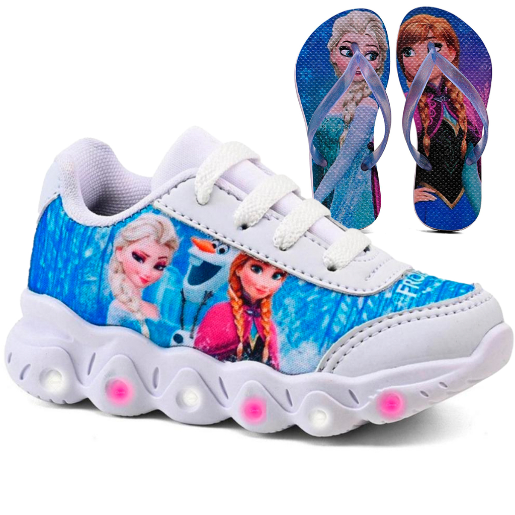Kit Tênis Infantil Frozen Com Led Casual + Chinelo Infantil