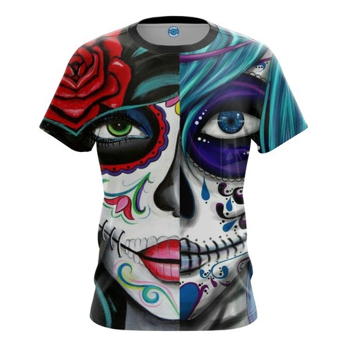 Camiseta Camisa Personalizado Caveira Mexicana  Arte Colorida
