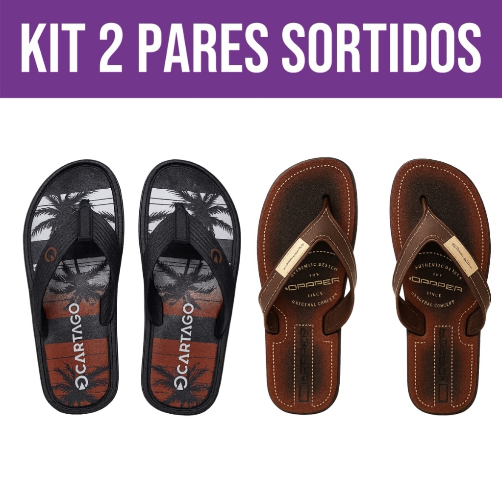 Kit 2 Chinelo Sandália Masculino Confortável Borracha Antiderrapante Resistente Leve Macio Cartago