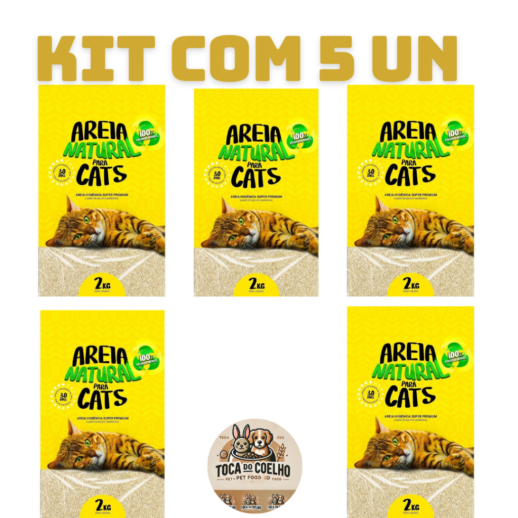KIT COM 5 AREIA HIGIÊNICA NATURAL BIODEGRADÁVEL MILHO E MANDIOCA PARA GATOS TIGER CATS 2KG