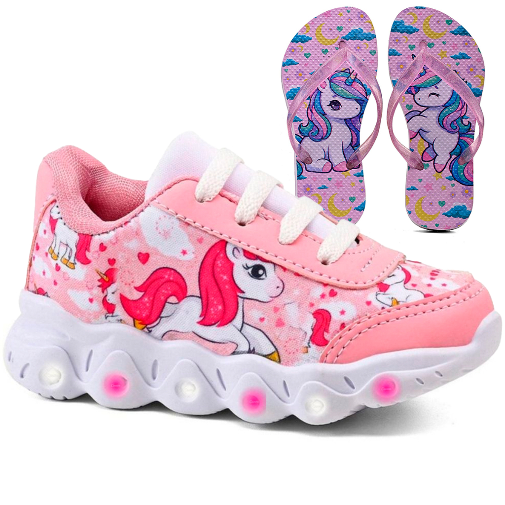Kit Tênis infantil Menina Unicórnio Rosa Com Led + Chinelo Infantil