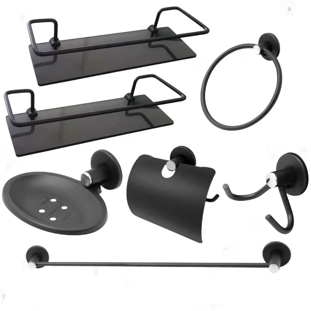 Kit Acessórios Para Banheiro Aço Inox + 2 Porta Shampoo Vidro Reto 6mm Preto Fosco