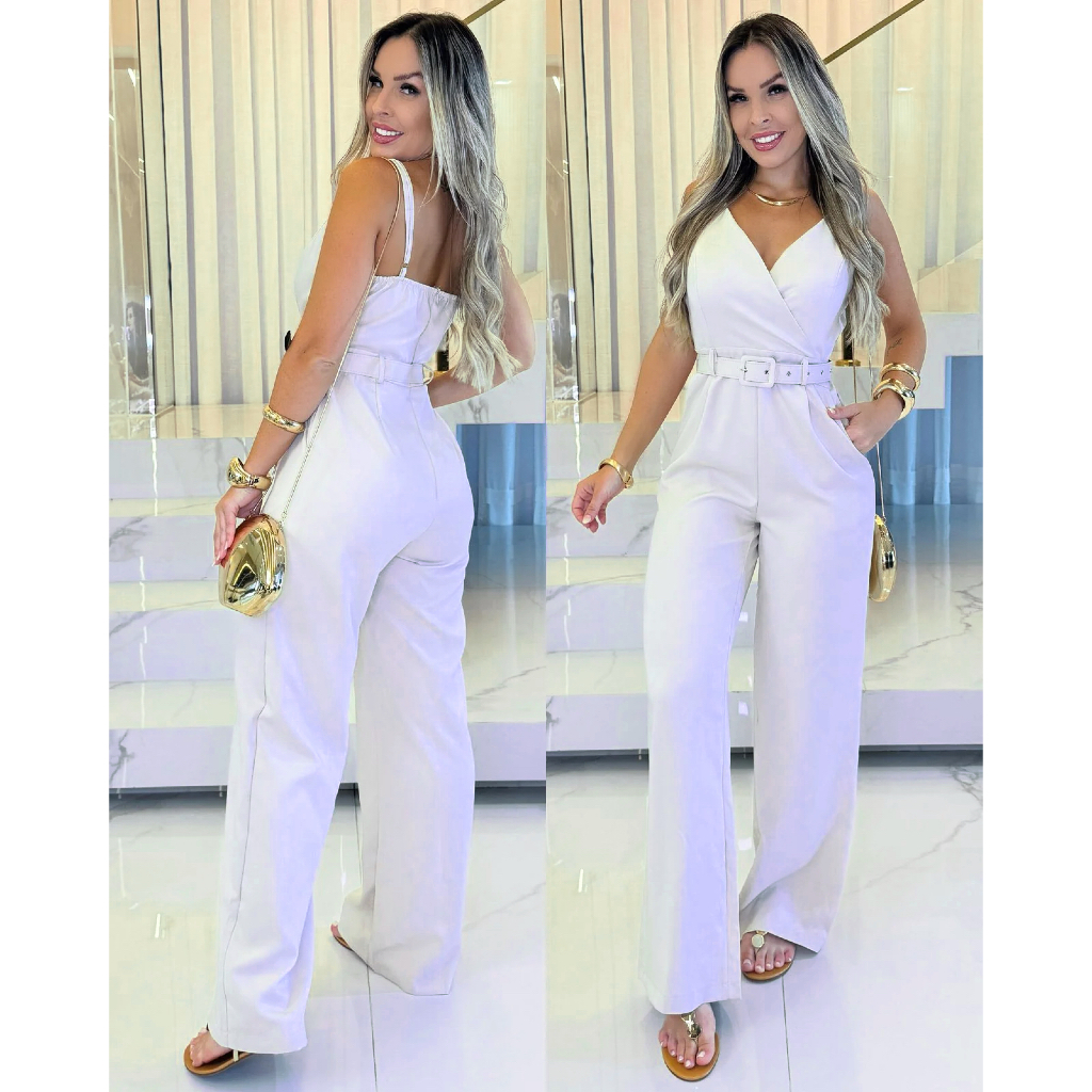 Macacão Longo Feminino Alfaiataria Com Cinto