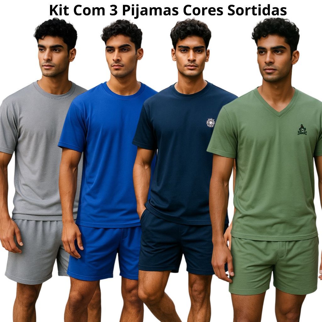 Kit com 3 Pijamas Masculino Meia Manga Verão Adulto em Malha de Qualidade Azul, verde ou cinza