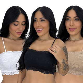 Kit 3 Cropped Feminino de Renda Top faixa sem bojo em Oferta na Shopee