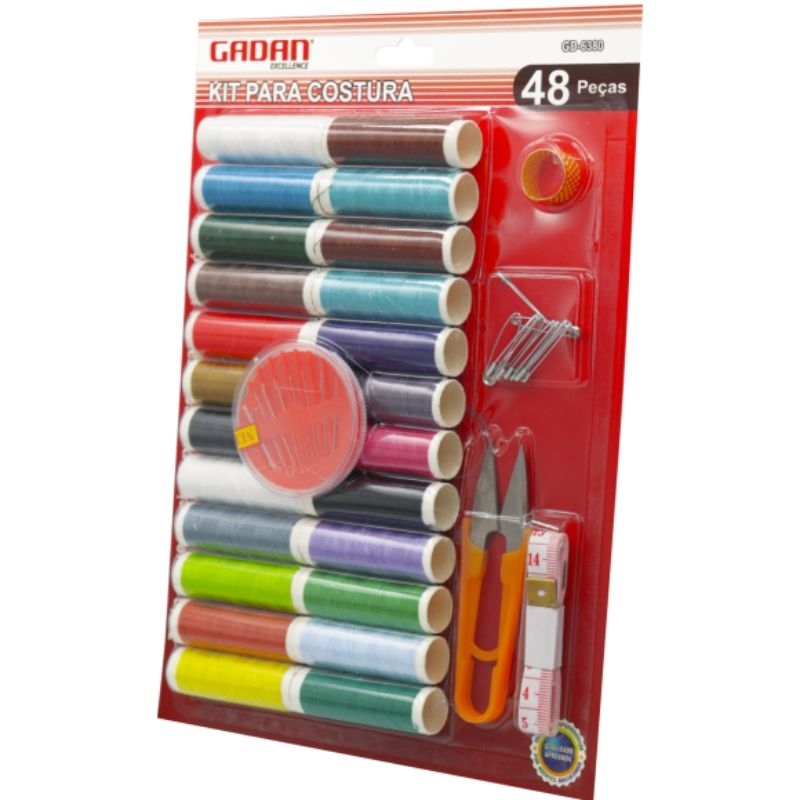 Kit para Costura 48 Peças Completo com agulhas para Reparos linhas coloridas fita métrica