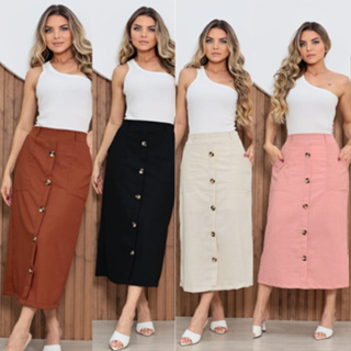 Saia Midi Social de Linho Forrada com Botões Frontais com Bolsos Elastico na Cintura em Oferta na Shopee