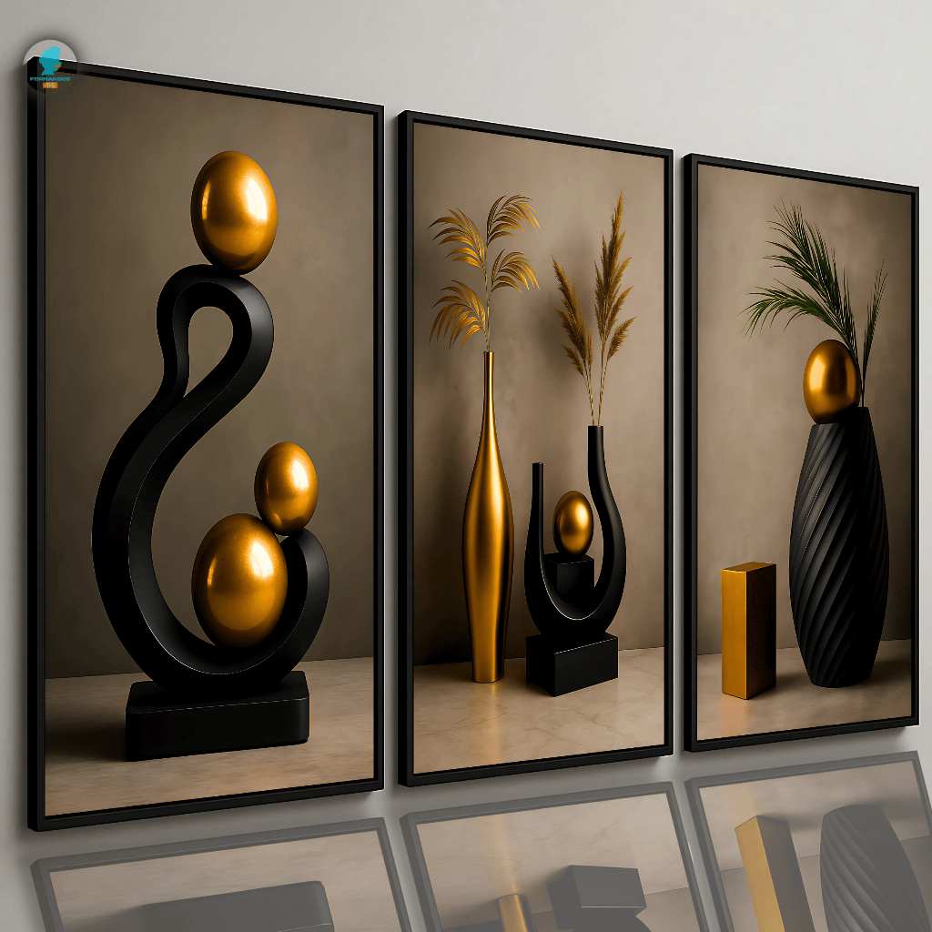 Quadros Decorativos Trio Abstrato Geométrico Moderno Escultura Dourada Luxo Sala