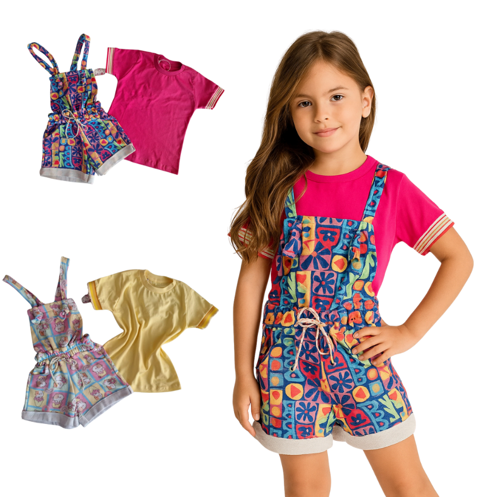 Conjunto Infantil Menina de Jardineira em moletinho e Blusa - Modinha Menina