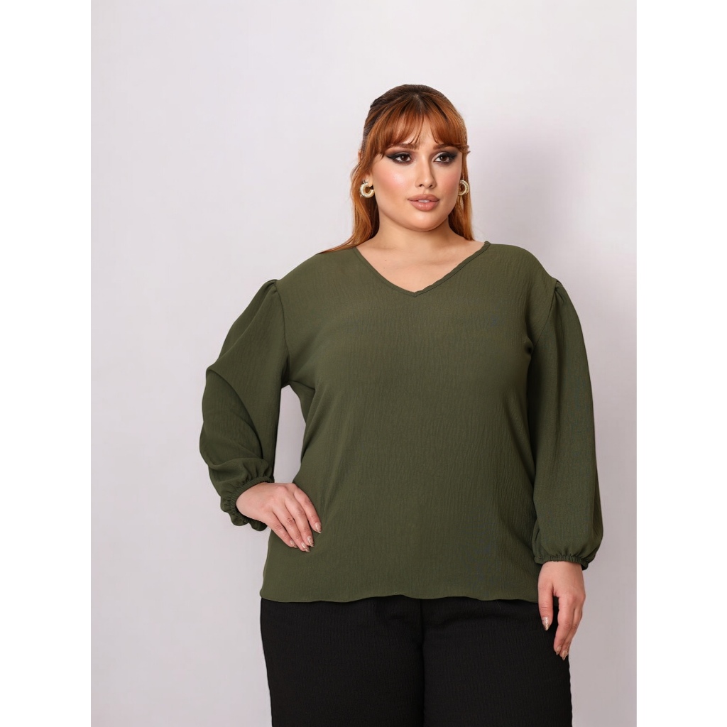 YW & X MODA   plus size blusa feminina gola V manga 3/4 tecido duna