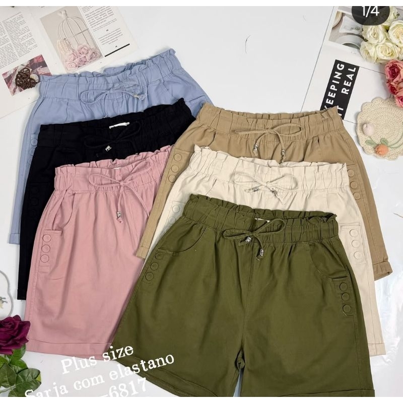 Short feminino Plus Size / Sarja com elastano / Bolso lateral  / Com elástico na cintura / Tendência