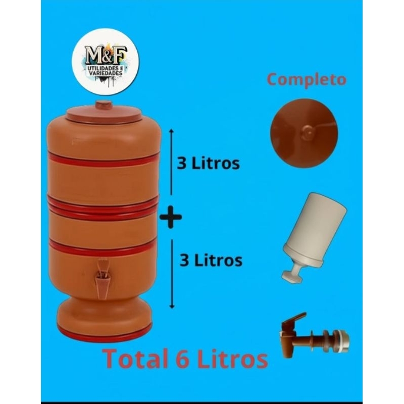 Filtro de Barro 6 Litros ( 3 litros em cima mais 3 litros em baixo) - Água Natural e Fresca com vela