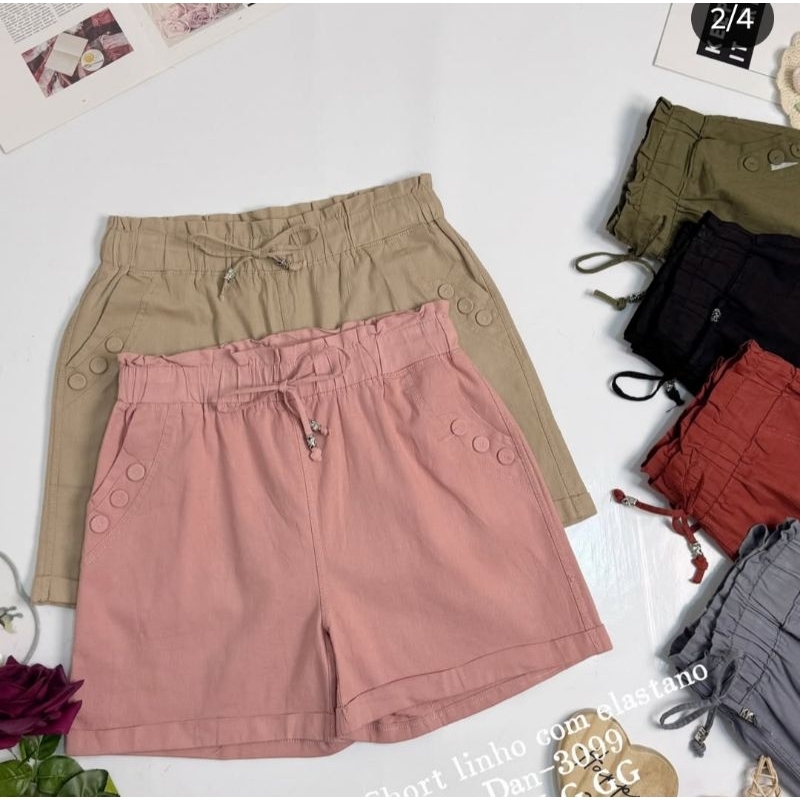 Short feminino de sarja com elastano / Com elastico na cintura / Bolso lateral / Tendência