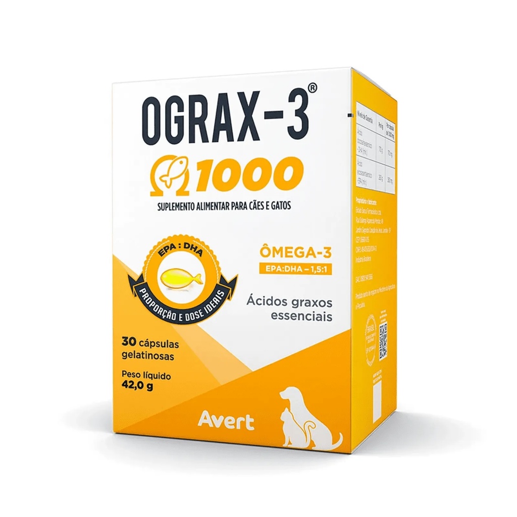 Avert Ograx-3 1000 mg – Suplemento de Ômega-3 para Cães e Gatos – 30 Cápsulas Twist-Off