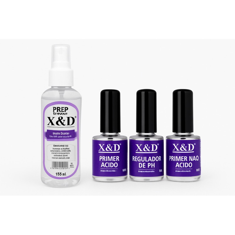 Kit  Preparadores X&D + Higienizador 120 ml  Primer Ácido + Primer Não Ácido + Regulador De PH Unhas De Gel Acrigel