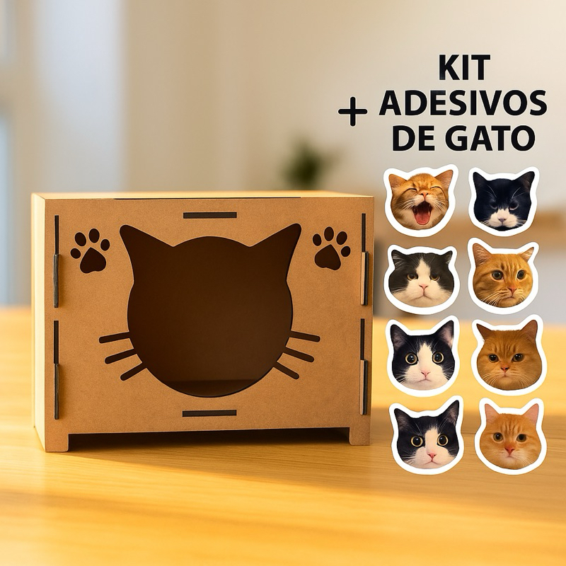 Casa Pet Cama Gato Toca Madeira 31X31cm MDF 500 adesivos Gato Decorativo Divertido