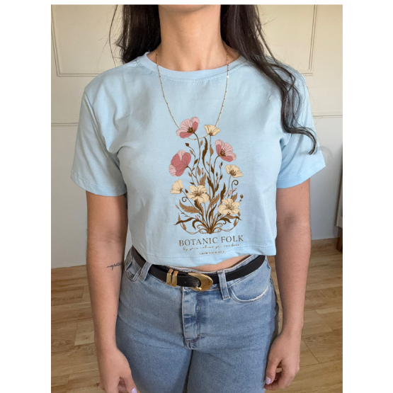 Cropped Camiseta Tshirt Feminina Flores Tendência Algodão Estilosa Básica Versátil Confortável