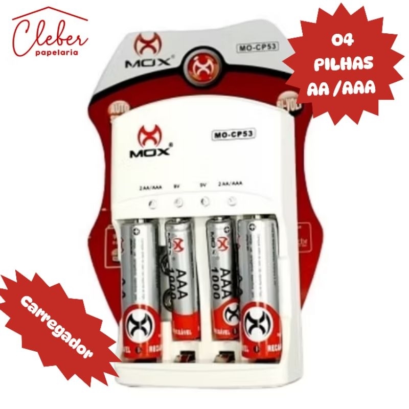 CARREGADOR DE PILHA MOX Original C/ 2 PILHAS AA E C/ 2 PILHAS AAA Recarregável envio imediato