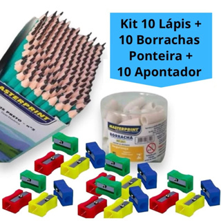 Kit 10 lápis Grafite + 10 Borracha Ponteira Branca + 10 Apontador Escolar / Papelaria em Oferta na Shopee
