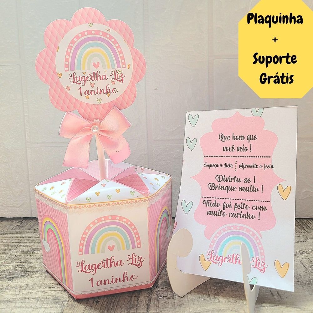 Centro de Mesa Arco Íris Boho + Plaquinha Cachepô Personalizado Arranjo p/Festa Enfeite Aniversário Lembrancinha