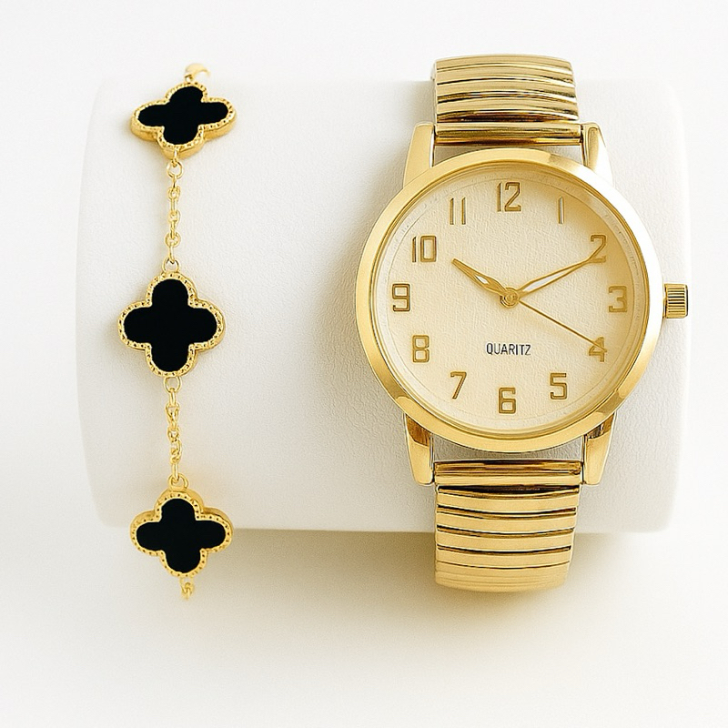 Relogio e pulseira inspiração trevo laminado dourado ou prata em Oferta na Shopee