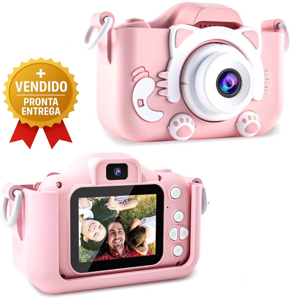 Câmera Fotográfica Infantil Digital Gatinho Recarregável com Tela e Alça Rosa Menina