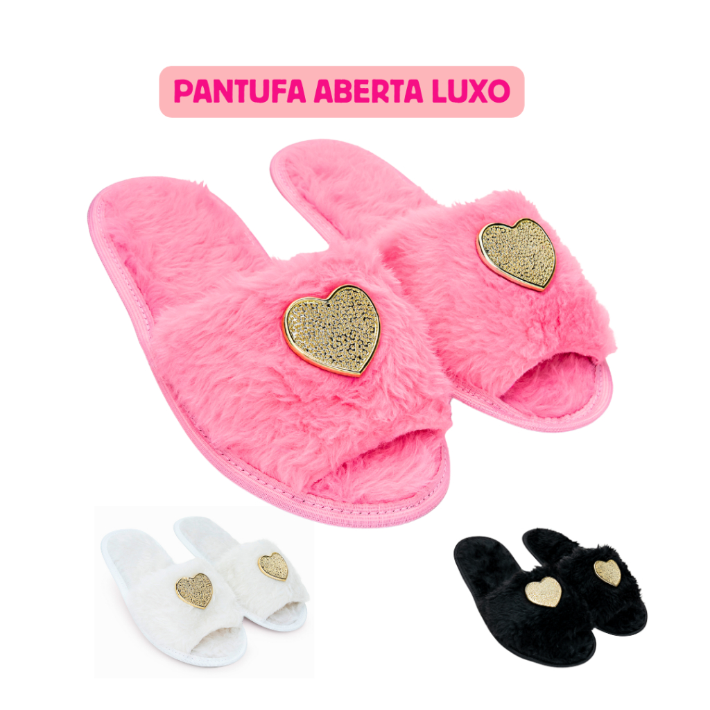 Pantufa de Pelúcia Aberta com Coração Dourado e Solado Antiderrapante