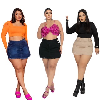 Short Saia Jeans Feminino Plus Size Com Lycra cintura alta