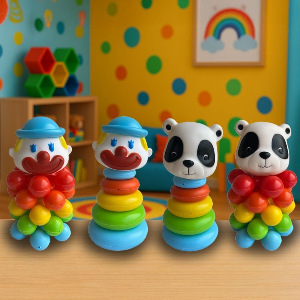 Brinquedo Didático Educativo Torre Monta Desmonta Empilha Palhaço/Urso Argola/Esfera Infantil