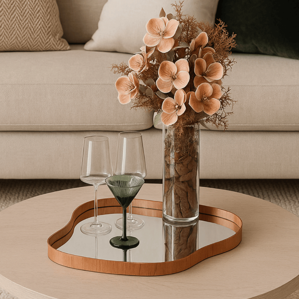 Bandeja Decorativa Com Espelho 52x42cm Design Orgânico e Moldura de Madeira
