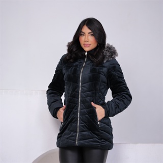 parka feminina de tecido Suede toda peluciada por dentro com capuz removível vários cores disponíveis alta qualidade em Oferta na Shopee