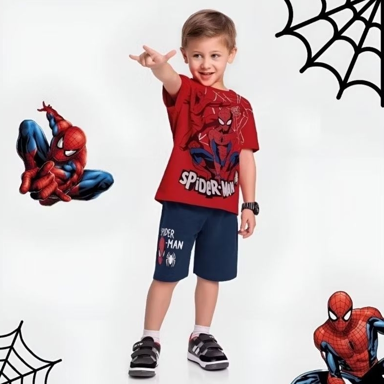 Conjunto Infantil Menino Camiseta + Bermuda Moletinho Homem Aranha Fakini LICENCIADO