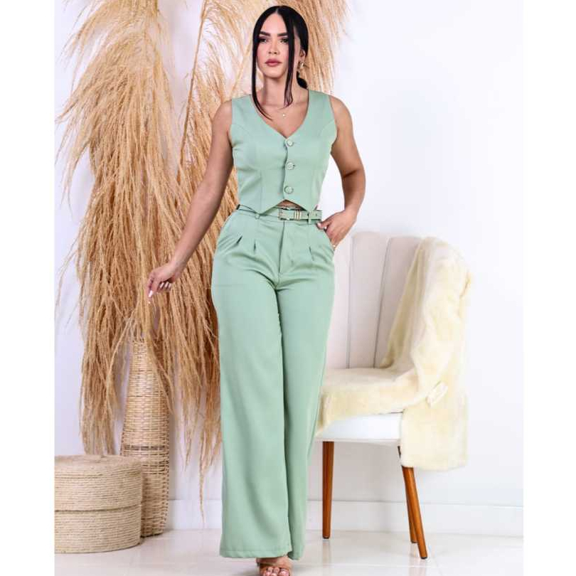 Cojunto Alfaiataria Femenino Social Pantalona e Colete Com Botoes Maravilhoso Con Cinto Forrado ModaElegante confotavel