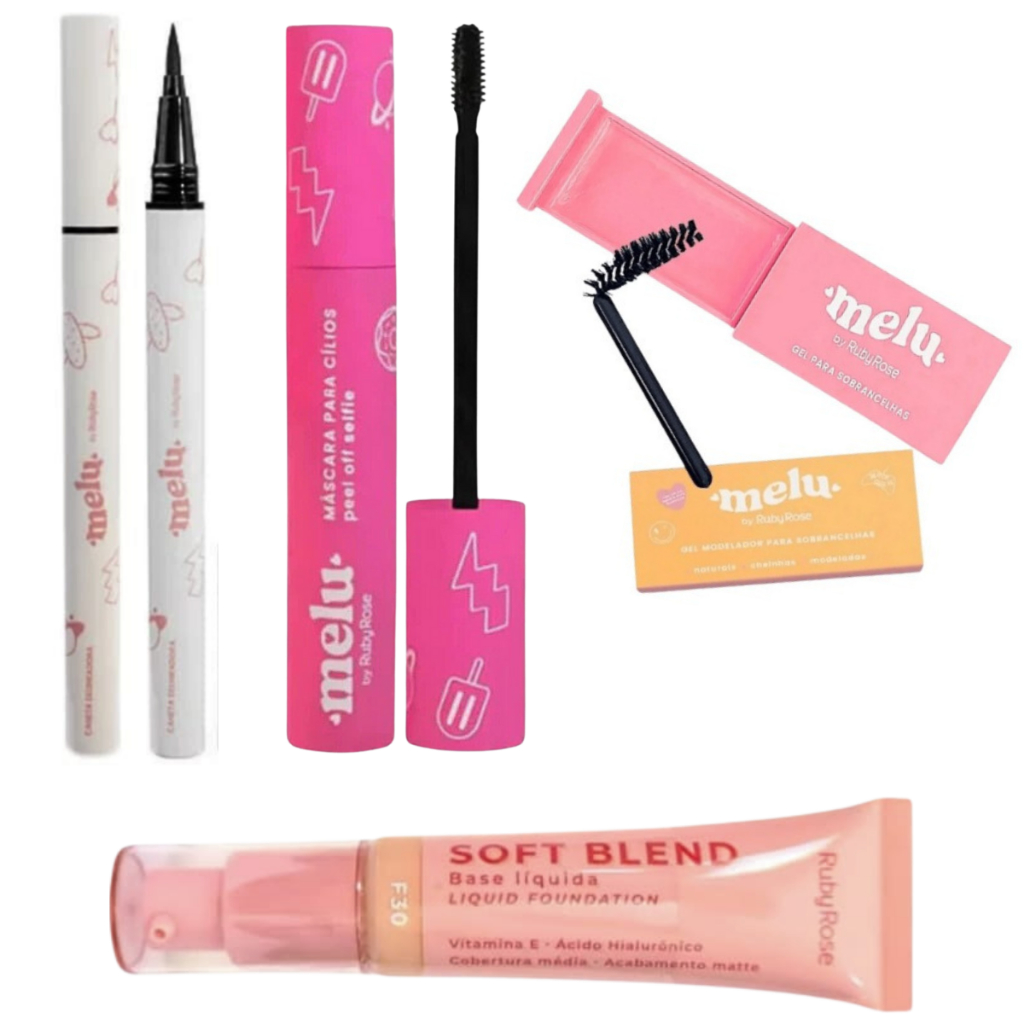 Kit Maquiagem Melu - By Ruby Rose Kit de Maquiagem 4 Itens Rímel Base Líquida
