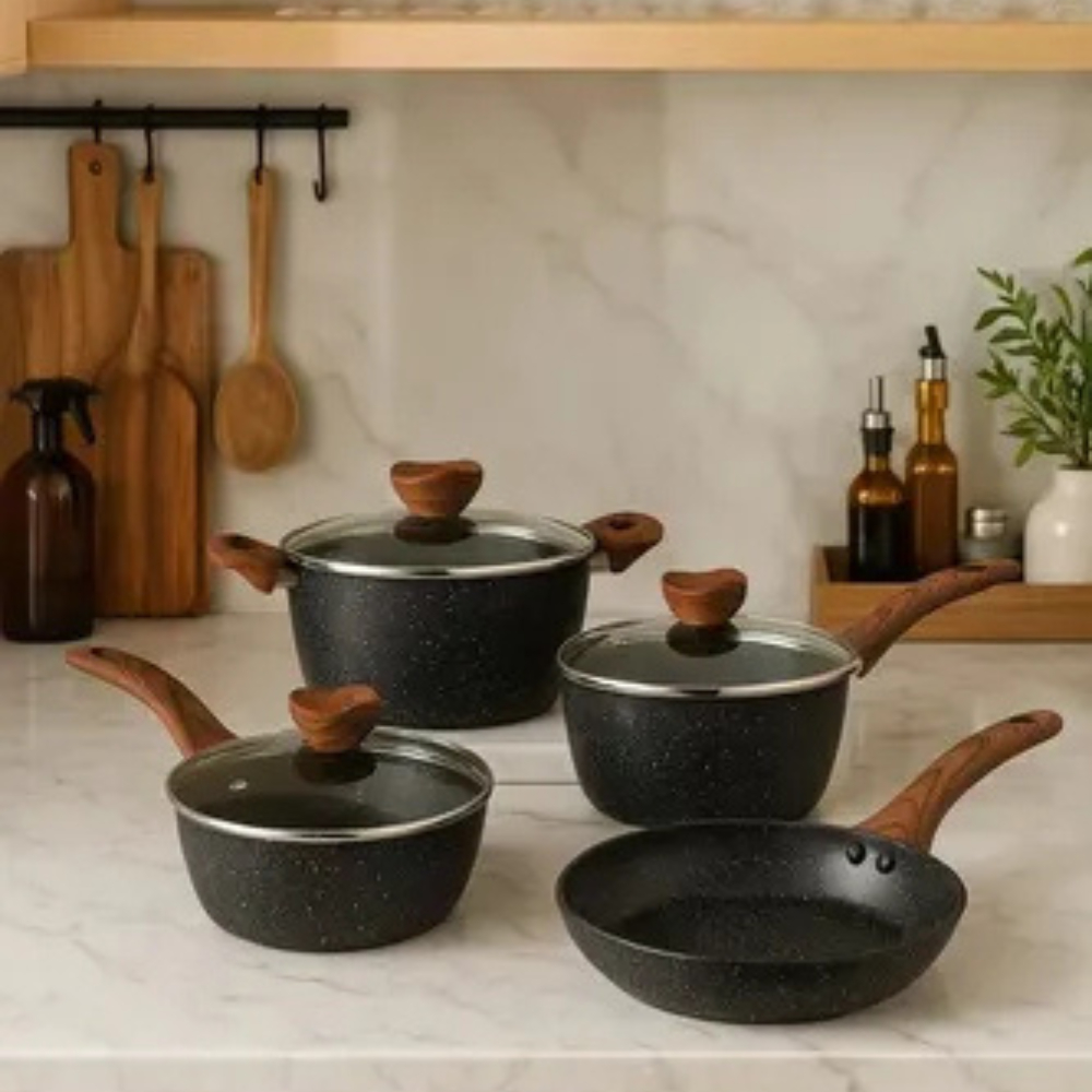 Conjunto Panelas Antiaderente 4 Peças Tampa de Vidro Preto Conjunto Premium 4 Panelas Antiaderentes