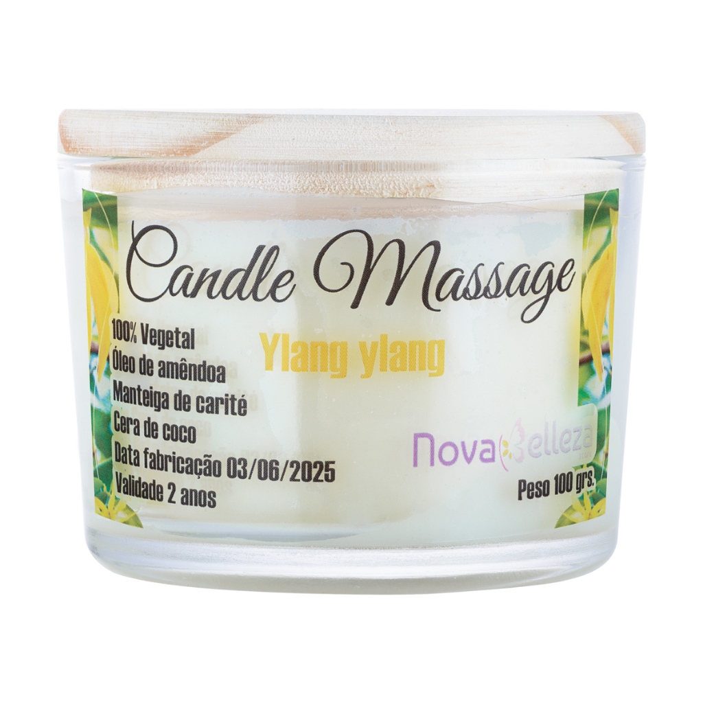 Vela para Massagem Vegetal Manteiga de  Karité Óleo de Amêndoas Óleo Essencial Ylang Ylang 100g