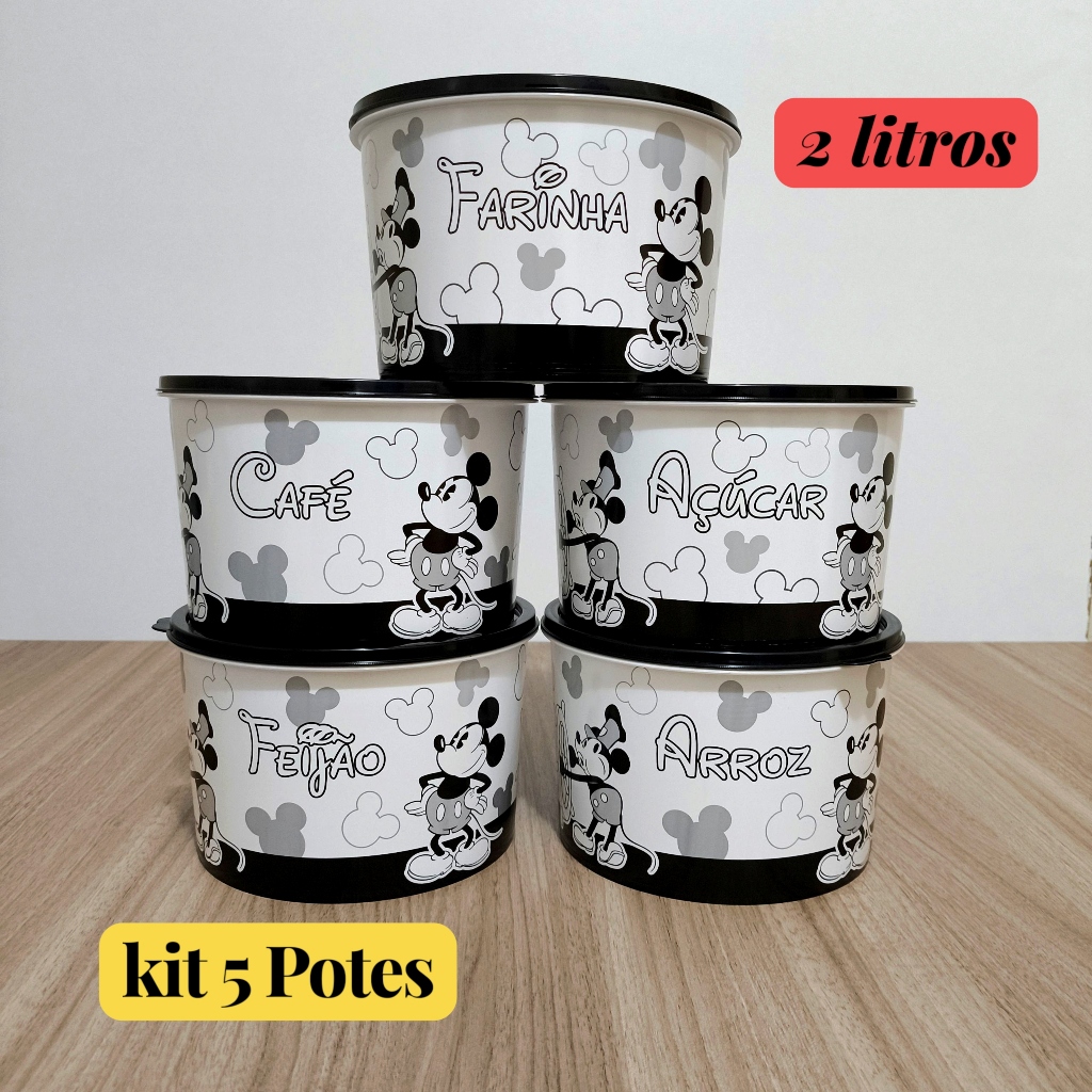 Kit 5 Potes Plásticos Pretos 2 Litros Porta Mantimentos Black Mickey Decorados Cozinha em Oferta na Shopee