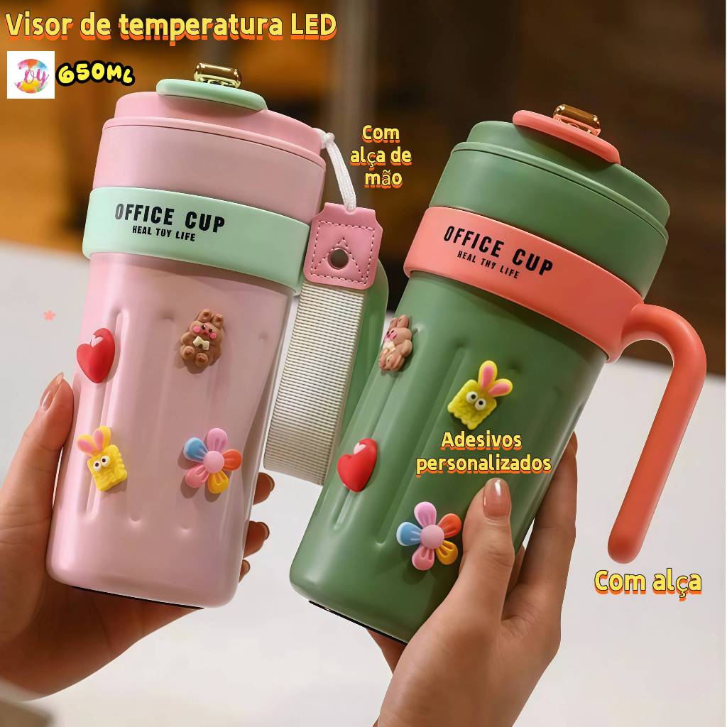 Copo Térmico Cafe Inox Portátil com tampa,alça，alça de mão，650ml, Com LED Temperatura Antivazamento