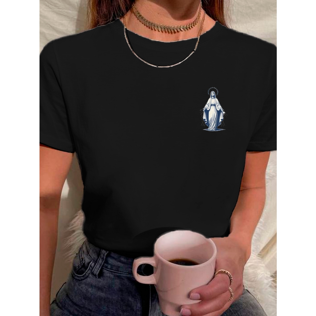 Camiseta Babylook Feminina Estampada 100% Algodão Nossa Senhora Das Graças Minimalista Católica Religiosa em Oferta na Shopee