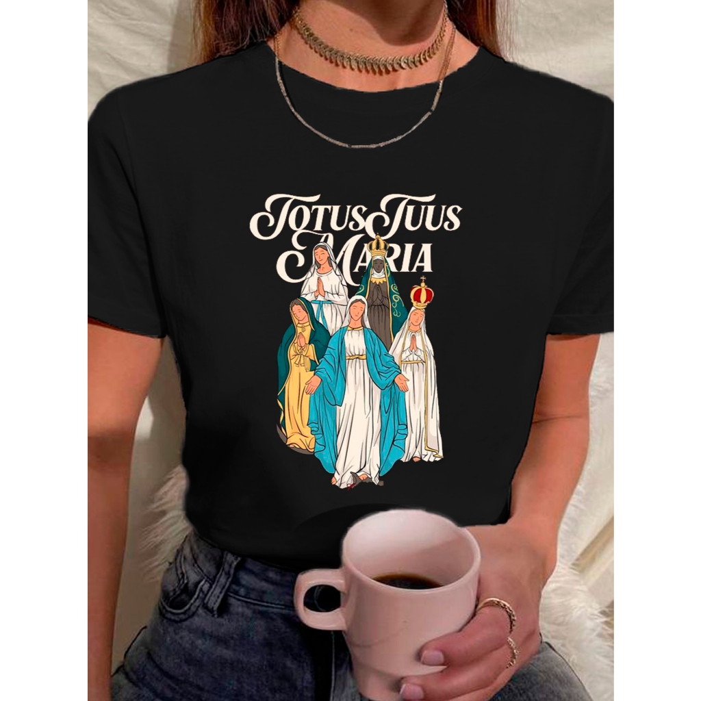 Camiseta Babylook Feminina Estampada 100% Algodão Totus Tuus Maria Católica Religiosa Nossa Senhora em Oferta na Shopee