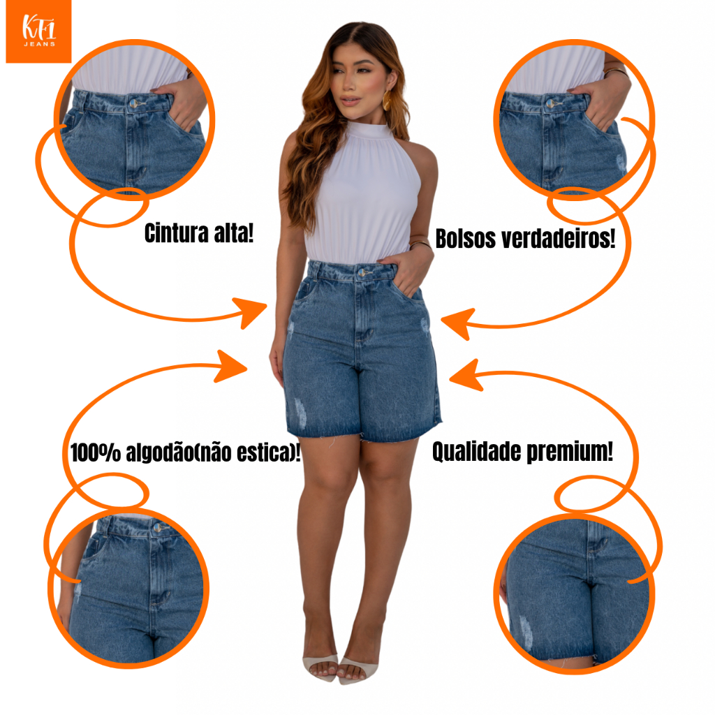 Bermuda jeans feminina pedal sem lycra meia coxa premium