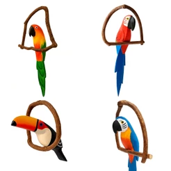Kit 4 Mini Pássaros Artesanais em Madeira no Cipó – Arara ou Tucano | Decoração de Jardim
