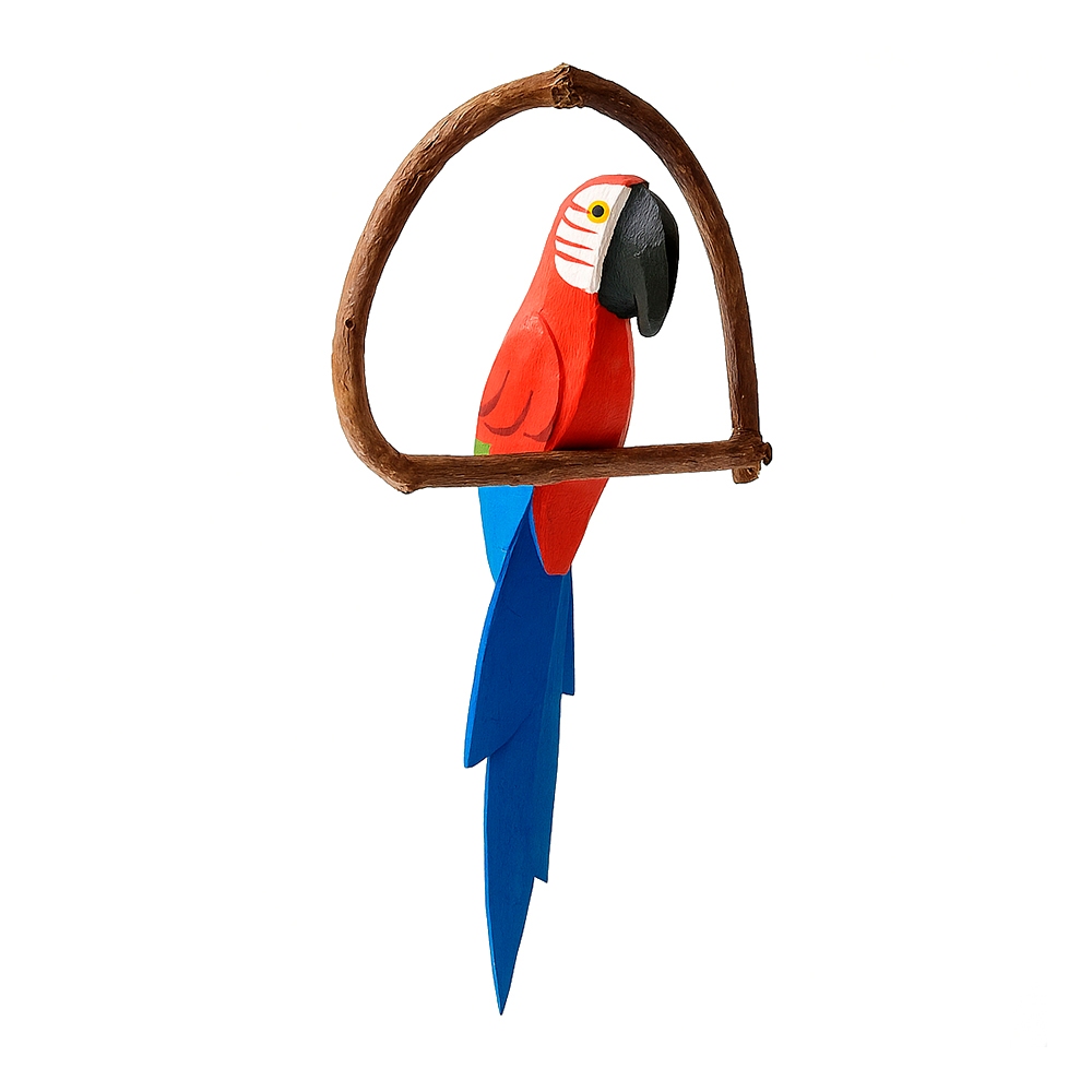 Mini Pássaros Artesanais em Madeira no Cipó – Arara Vermelha ou Tucano | Decoração de Jardim Varanda em Oferta na Shopee