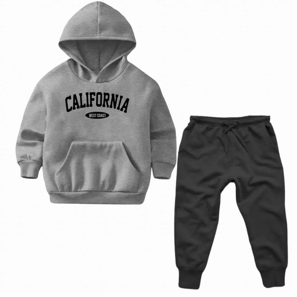 Conjunto de Frio Moletom Canguru Infantil Estampado California com Capuz Blusa Calça de Moletom Peluciado Menino Menina