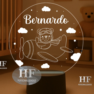 Luminária LED Urso aviador, ursinho aviador, nuvens - Abajur Personalizado. Nome Personalizado! em Oferta na Shopee